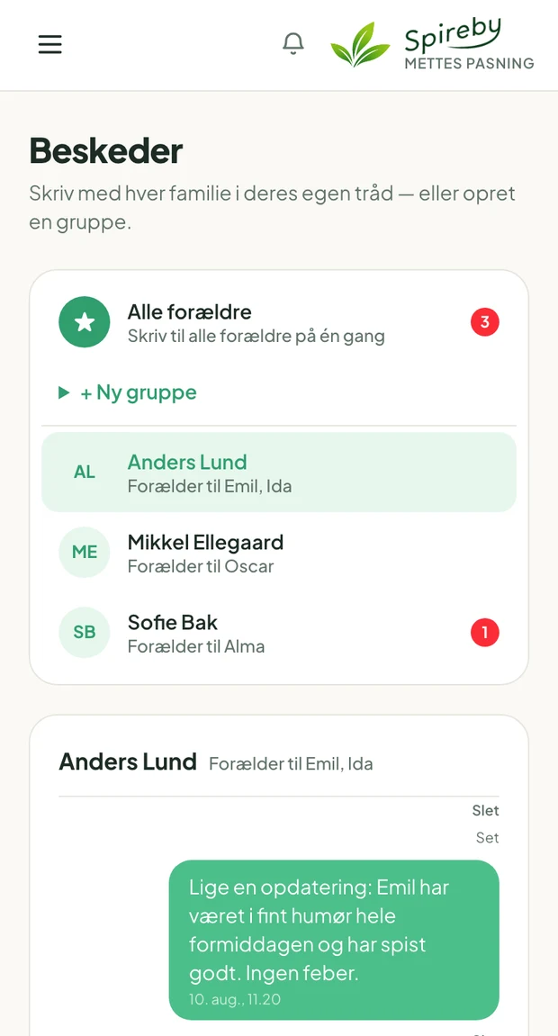 Beskeder i Spireby-appen: grupper og direkte beskeder