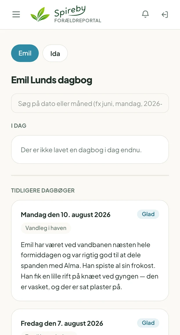 Spireby-appen: forældrenes dagbogsvisning