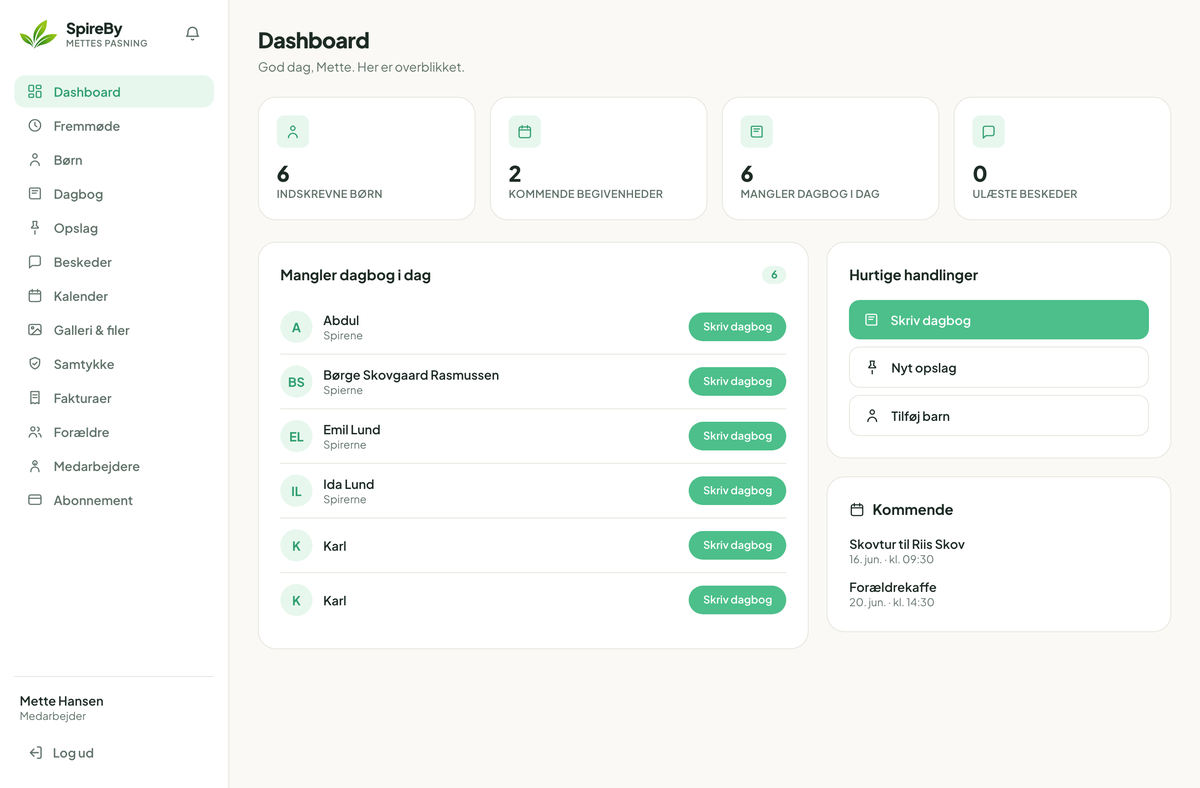 SpireBy dashboard for børnepasseren